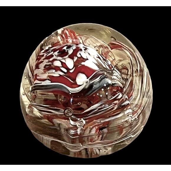 Hand Blown Glass Paperweight Ball Ribbon Candy Art Spiral Red White Blue 2.5" - Picture 4 of 4